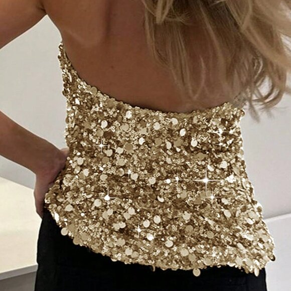 Champagne Strapless Women's Sexy Sequin Party Top - Picture 4 of 11